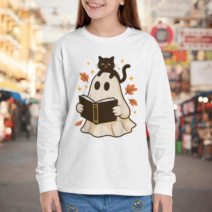 Books Ghost Reading Book Halloween Library Cat Fall Youth Long Sleeve Tee