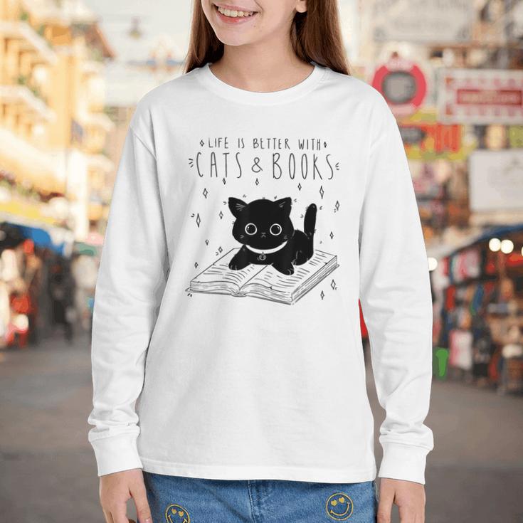 Cat Book For Women Life Is Better With Cats And Books Youth Long Sleeve Tee Cat Book For Women Life Is Better With Cats And Books Youth Long Sleeve Tee