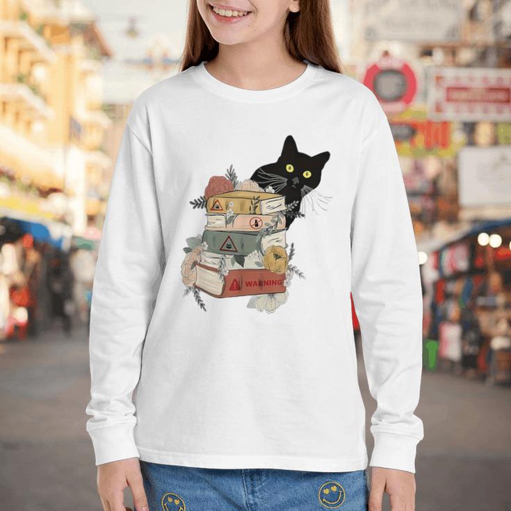 Cat And Books Flowers Reading Club Cat Lover Bookworm Youth Long Sleeve Tee