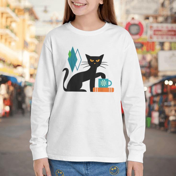 Cat Midcentury With Book And Coffee Atomic Age Mid Century Youth Long Sleeve Tee