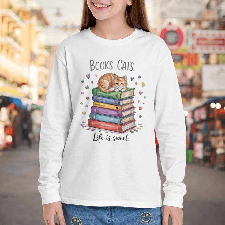 Cats Books Lover Men Women Youth Long Sleeve Tee