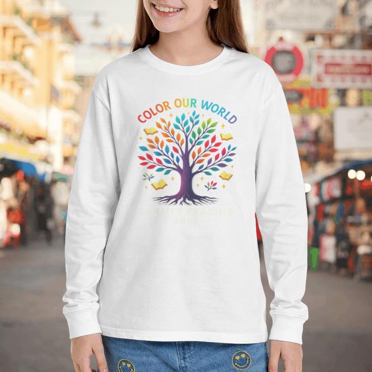 Color Our World Summer Reading Program 2025 Trippy Book Tree Youth Long Sleeve Tee Color Our World Summer Reading Program 2025 Trippy Book Tree Youth Long Sleeve Tee