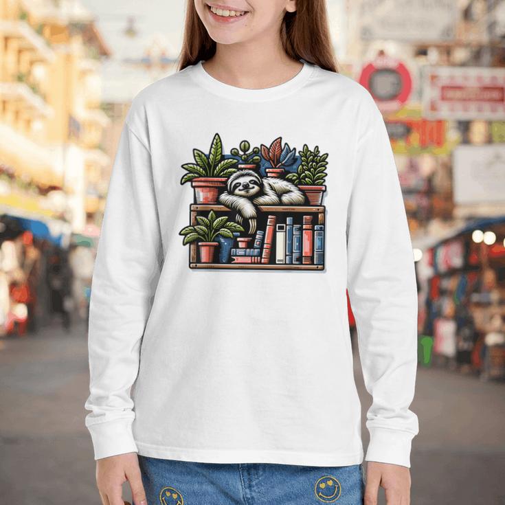 Cosy Sloth In Bookshelf With Plants Youth Long Sleeve Tee Cosy Sloth In Bookshelf With Plants Youth Long Sleeve Tee