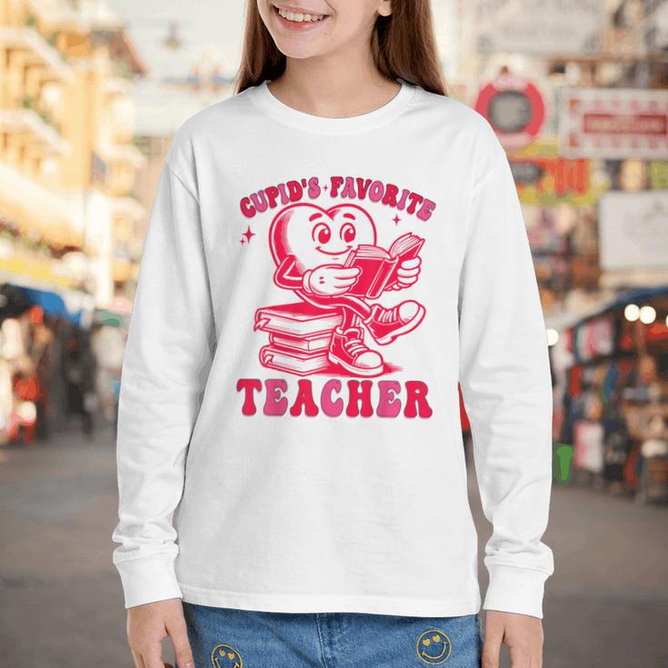 Cupid's Favorite Teacher Valentines Day Heart Book Lover Youth Long Sleeve Tee