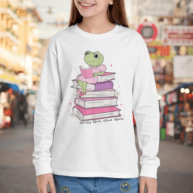 Cute Book Lover Frog Pretty Girls Read Books Kawaii Reading Youth Long Sleeve Tee