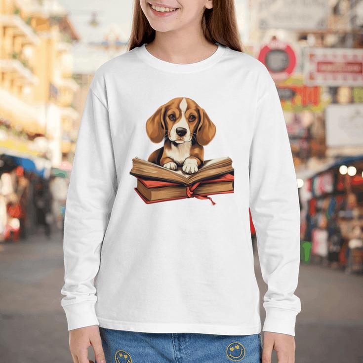 Cute Dog Beagle Reading Book Youth Long Sleeve Tee