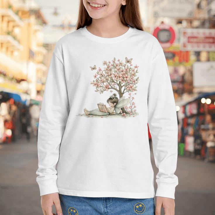 Cute Fairy Reading Fairycore Aesthetic Book Lover Youth Long Sleeve Tee