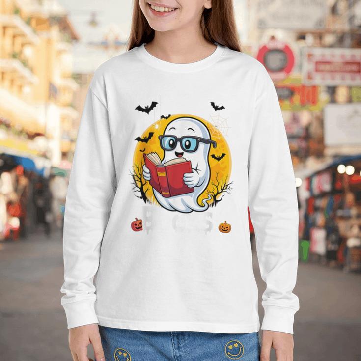 Cute Ghost Reading Book Retro Halloween Librarian Youth Long Sleeve Tee