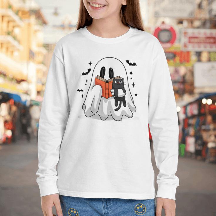 Cute Halloween Ghost Reading Book Youth Long Sleeve Tee