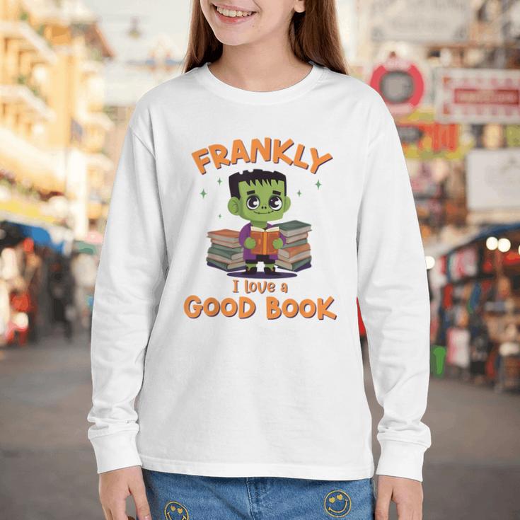 Cute Halloween Teacher Librarian Frankenstein Reading Books Youth Long Sleeve Tee