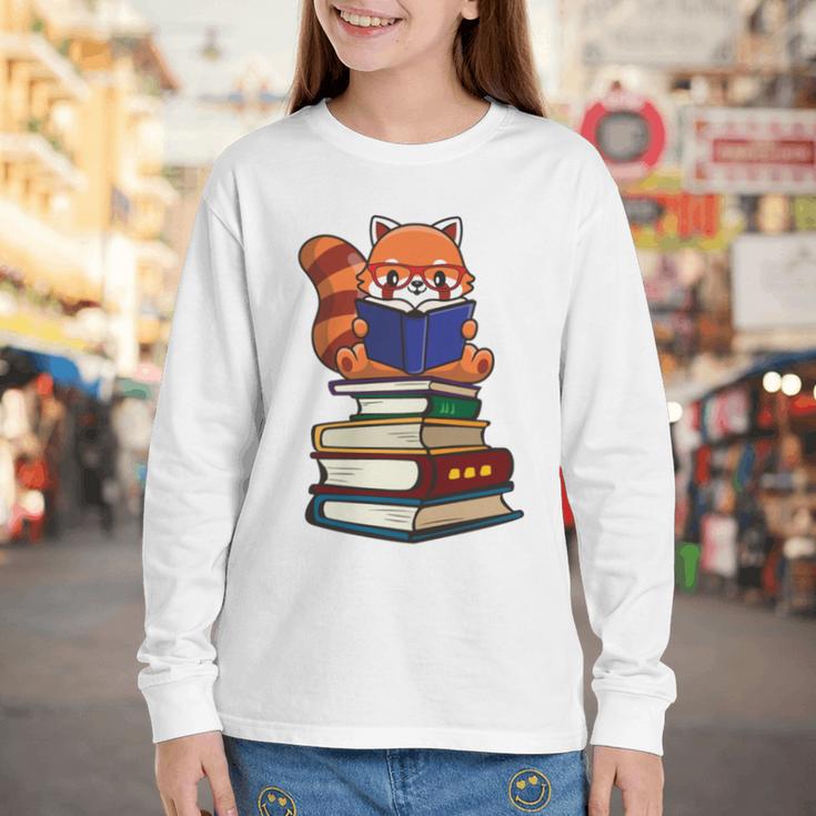 Cute Kawaii Kids Reading Books Glasses Red Panda Lover Youth Long Sleeve Tee