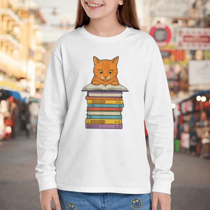 Cute Orange Tabby Cat Reading On Pile Of Books Youth Long Sleeve Tee