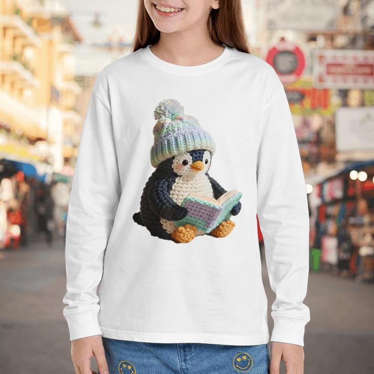 Cute Penguin Reading Book Faux-Crochet Print Youth Long Sleeve Tee