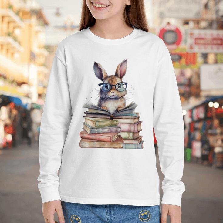 Cute Reading Bunny With Glasses Books Bookworm Reader Book Premium Tri-Blend Youth Long Sleeve Tee