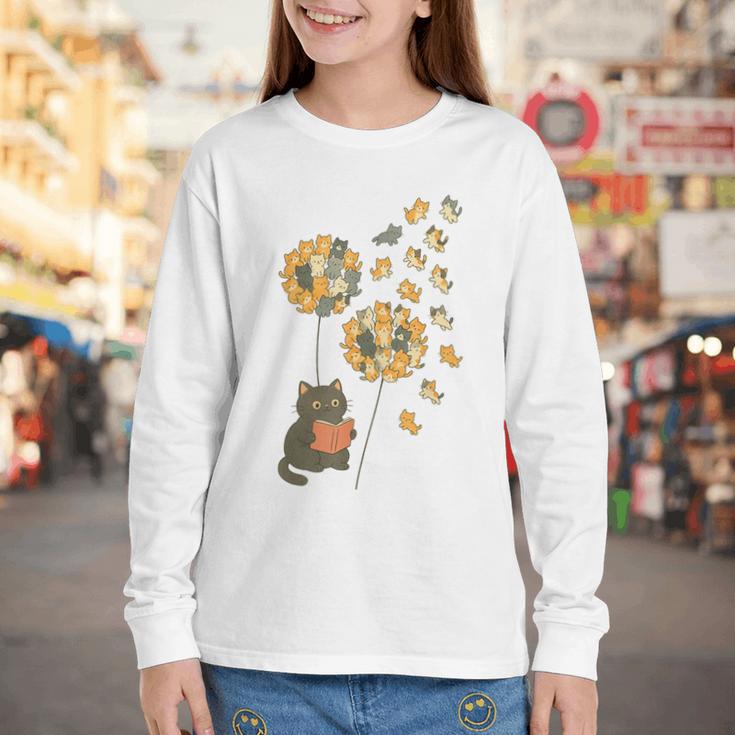 Cute Reading Cat With Kitten Dandelion Flowers Book Lover Youth Long Sleeve Tee