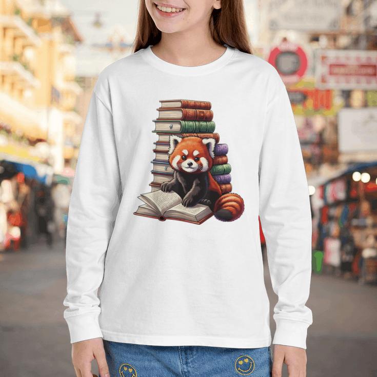 Cute Red Panda Reading Book Animal Bookworm Youth Long Sleeve Tee