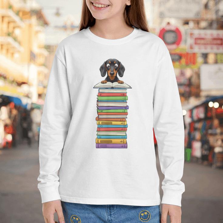 Cute Wiener Dog Dachshund Reading On Pile Of Books Youth Long Sleeve Tee