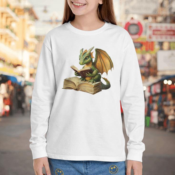 Dragon Bookworm Reading Book Graphic Youth Long Sleeve Tee
