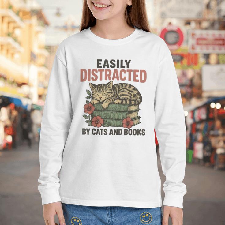 Easily Distracted By Cats And Books Vintage Youth Long Sleeve Tee