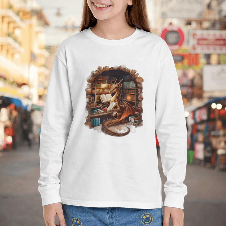 Fantasy Dragon Reading Book Lover Youth Long Sleeve Tee