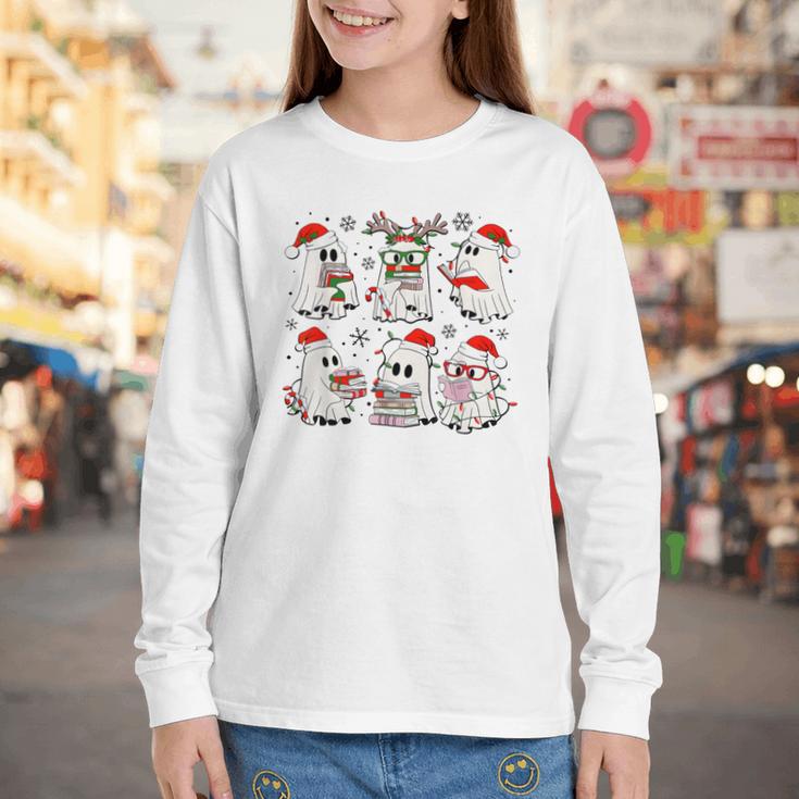 Ghost Book Reading Christmas Books Lover Teacher Kids Youth Long Sleeve Tee