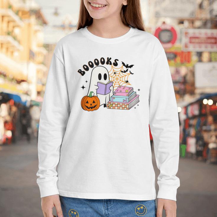 Ghost Reading Halloween Women Teacher Book Lover Youth Long Sleeve Tee