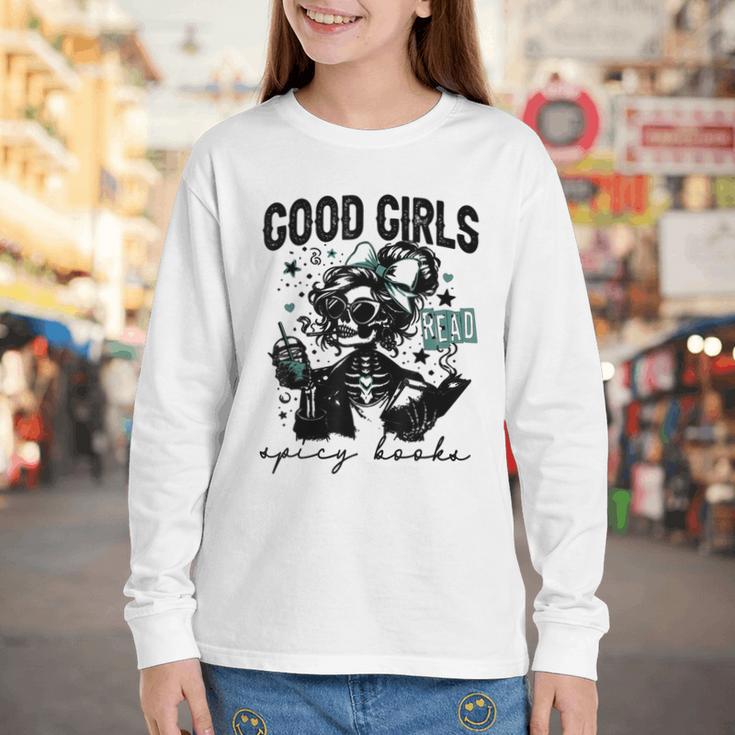 Good Girls Read Spicy Skeleton Book Club Youth Long Sleeve Tee