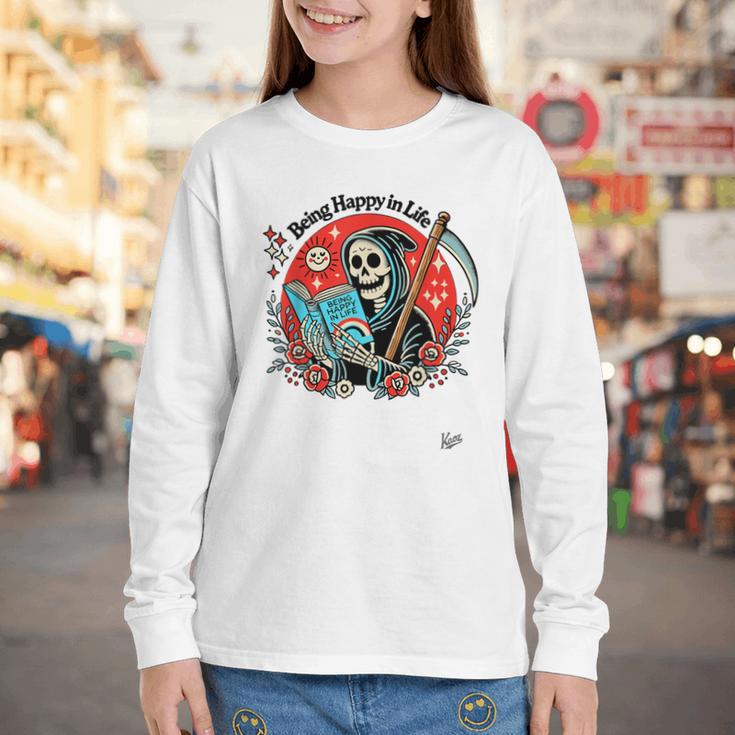 Grim Reaper Reads a Book Youth Long Sleeve Tee