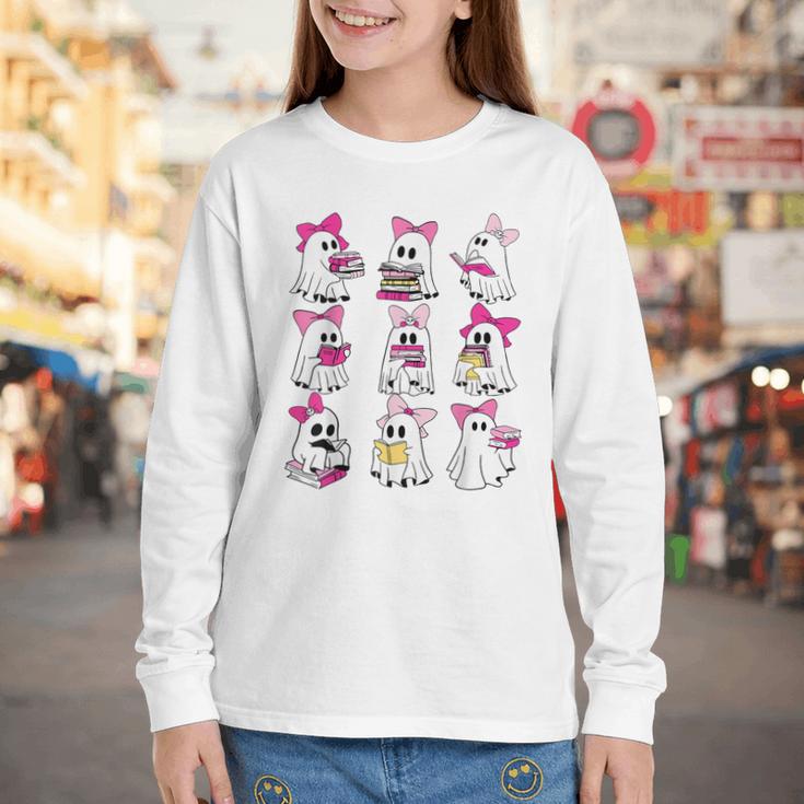 Halloween Pink Ghost Read More Books Spooky Boo Teacher Kids Youth Long Sleeve Tee