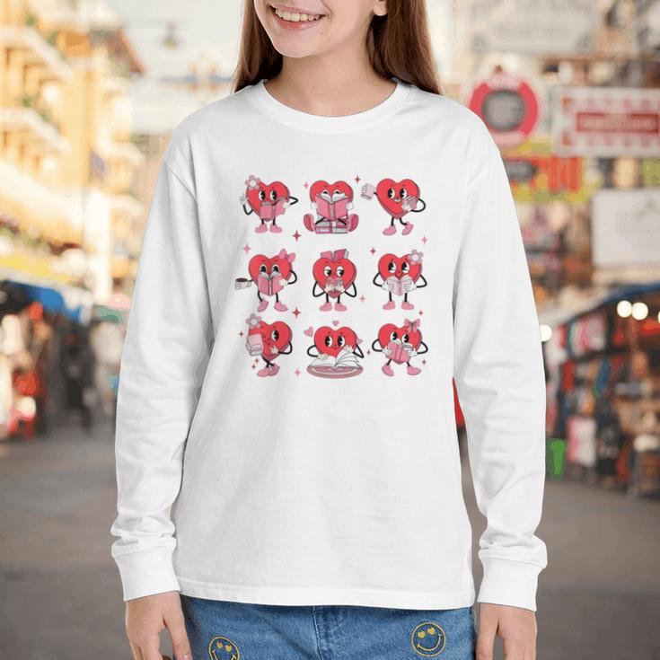 Heart Holding Reading Books Valentine Teacher Book Lover Youth Long Sleeve Tee