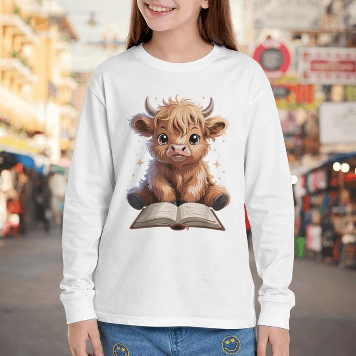 Highland Cow Reading Book Bookworm Youth Long Sleeve Tee