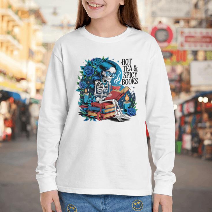 Hot Tea & Spicy Books Skeleton Reader Youth Long Sleeve Tee