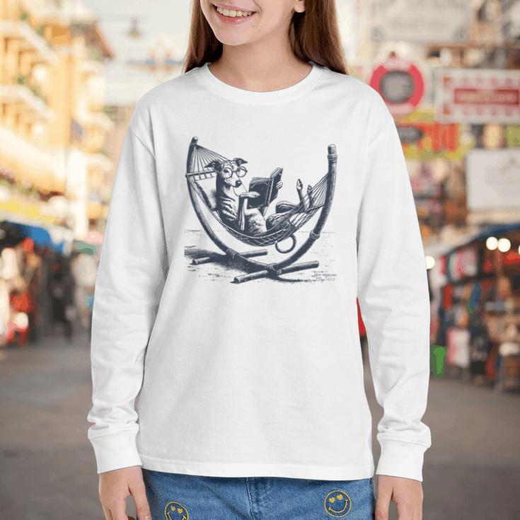 Italian Greyhound Whippet Dog Reading Book Hammock Iggy Mom Youth Long Sleeve Tee