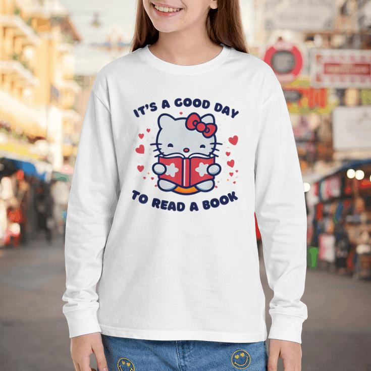 It's a Good Day To Read a Book Cute Cat Book Day Girls Boys Youth Long Sleeve Tee