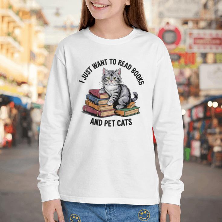 I Just Want To Read Books And Pet Cats Raglan Baseball Tee Youth Long Sleeve Tee