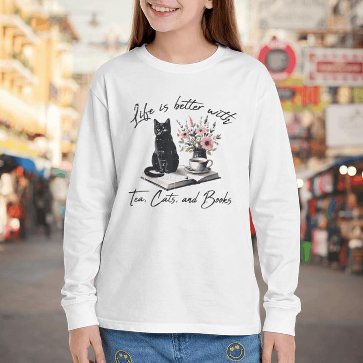 Life Better With 2 Cats Books Kitten Kitty Women Girls Kids Youth Long Sleeve Tee
