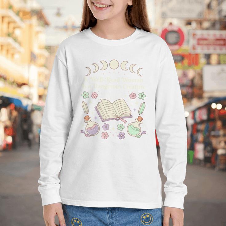 Well Read Woman Literature Quote Celestial Book Floral Youth Long Sleeve Tee