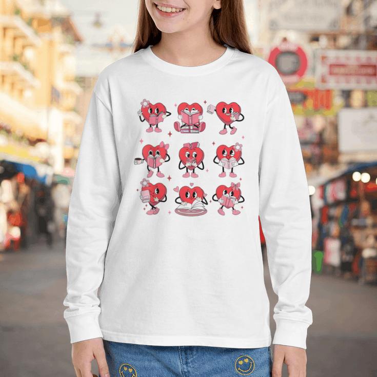 Reading Heart Book Valentines Day Teacher Women Girl Youth Long Sleeve Tee