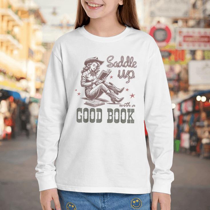 Retro Cowgirl ReadingTee Saddle Up With A Good Book Western Youth Long Sleeve Tee