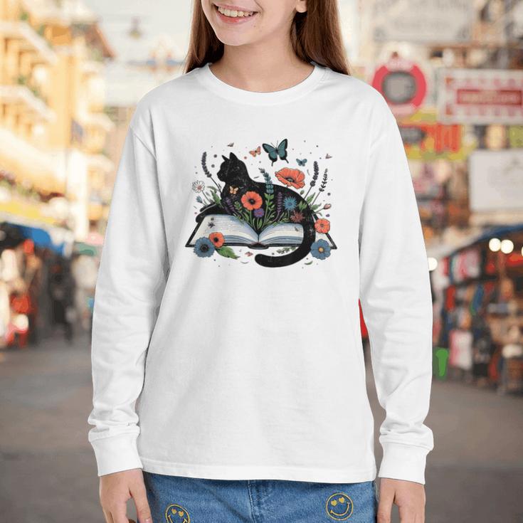 Retro Cute Cat Floral Book Librarian Vintage Floral Cat Book Youth Long Sleeve Tee Retro Cute Cat Floral Book Librarian Vintage Floral Cat Book Youth Long Sleeve Tee