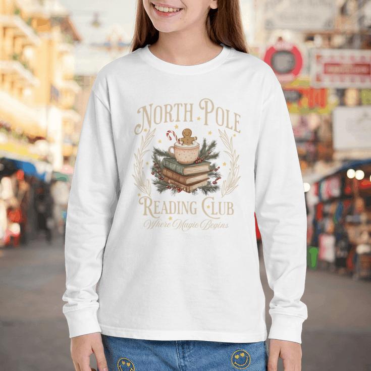 Retro North Pole Reading Club Hot Cocoa Book Lovers Xmas Youth Long Sleeve Tee