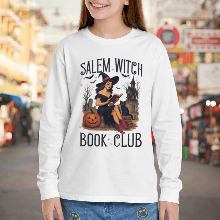 Salem Witch Book Club Bookish Retro Halloween Cat Youth Long Sleeve Tee
