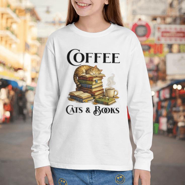 Sleeping Cat And Books With Coffee Lover Youth Long Sleeve Tee
