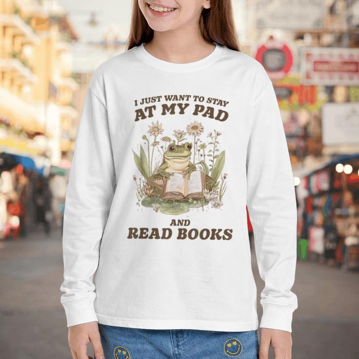 Stay At My Pad And Read Books Frog Introvert Reading Youth Long Sleeve Tee