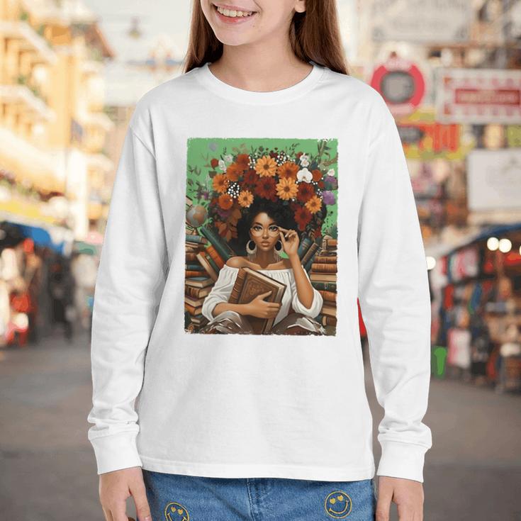 History Month Black Afro Girl Women Book Lovers Floral Youth Long Sleeve Tee