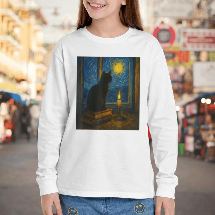 Van Gogh Starry Night Art Cat And Book Lovers Youth Long Sleeve Tee