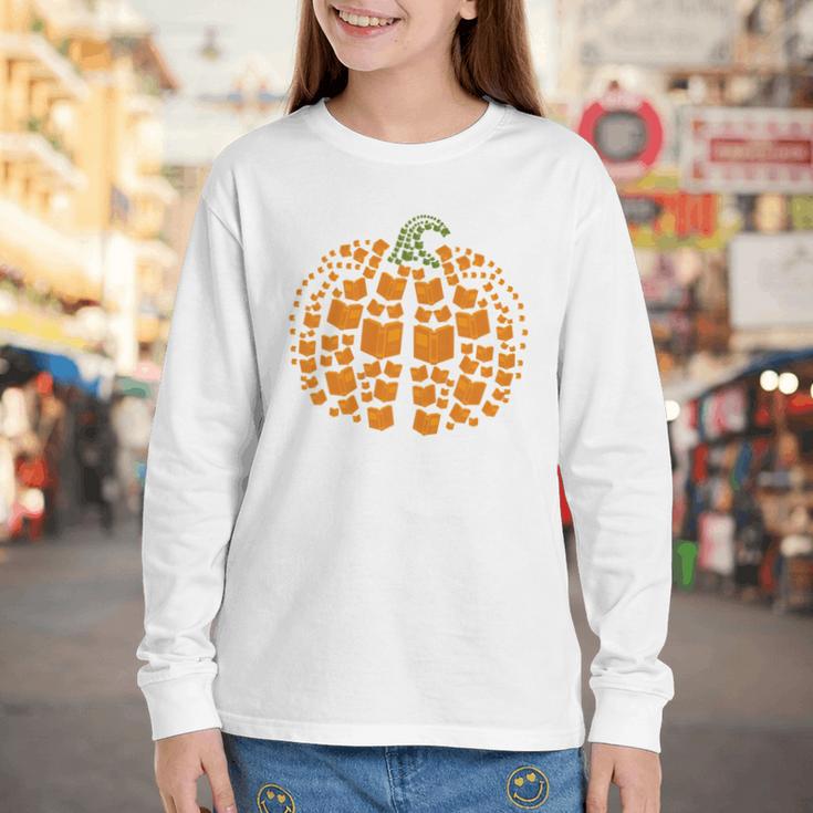 Vintage Book Pumpkin Autumn Fall Librarians Bookworm Teacher Youth Long Sleeve Tee