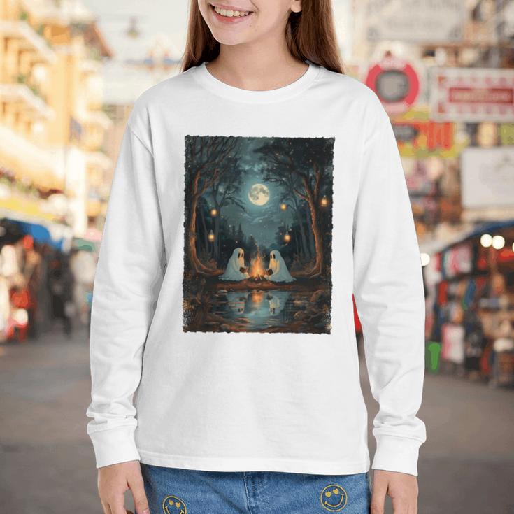 Vintage Ghost Book Reading Camping Gothic Halloween Teachers Youth Long Sleeve Tee