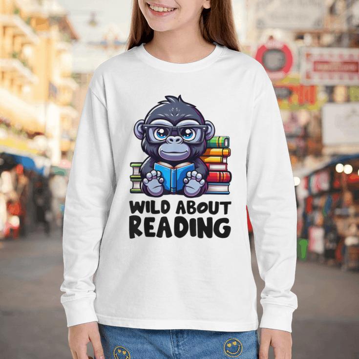 Wild About Reading Book Lover Gorilla Youth Long Sleeve Tee