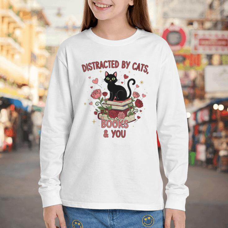 Women's Cat Books Romantic Floral Aesthetic Book Lover Cat Owner Youth Long Sleeve Tee